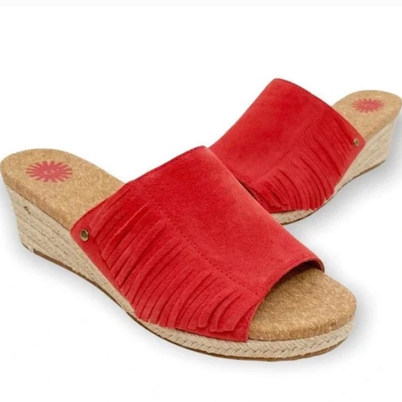 UGG Shoes - Ugg Danes Suede Fringe Espadrille Wedges Slide Sandals Tango Red 8